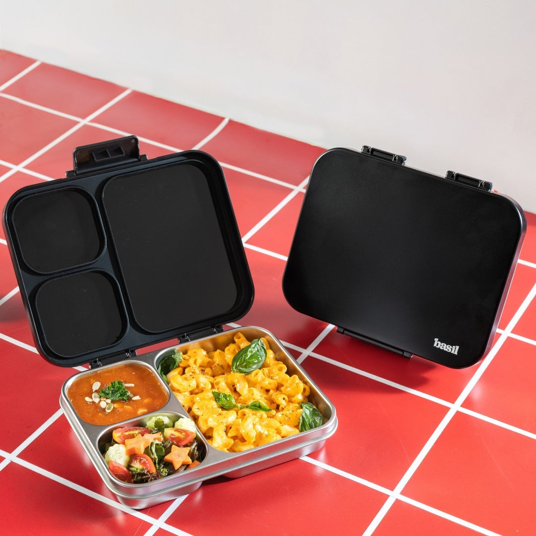 3 Compartment Stainless Steel Lunchbox with Plastic Lid - Classic Black