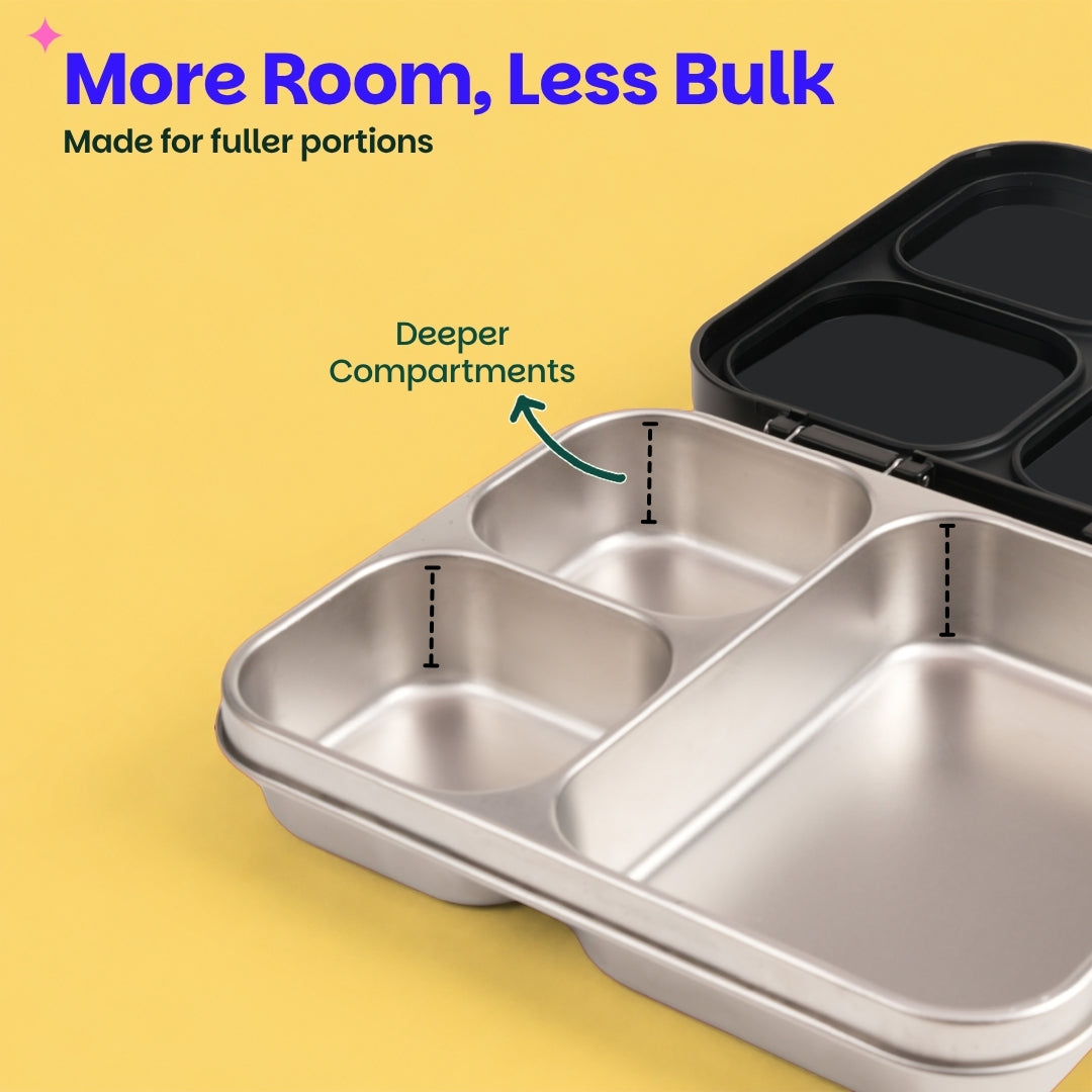 3 Compartment Stainless Steel Lunchbox with Plastic Lid - Classic Black