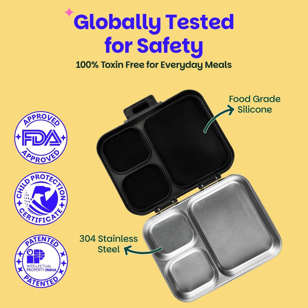 3 Compartment Stainless Steel Lunchbox with Plastic Lid - Classic Black