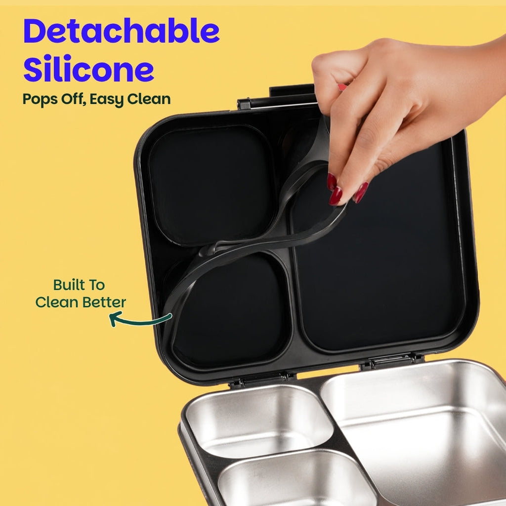 3 Compartment Stainless Steel Lunchbox with Plastic Lid - Classic Black