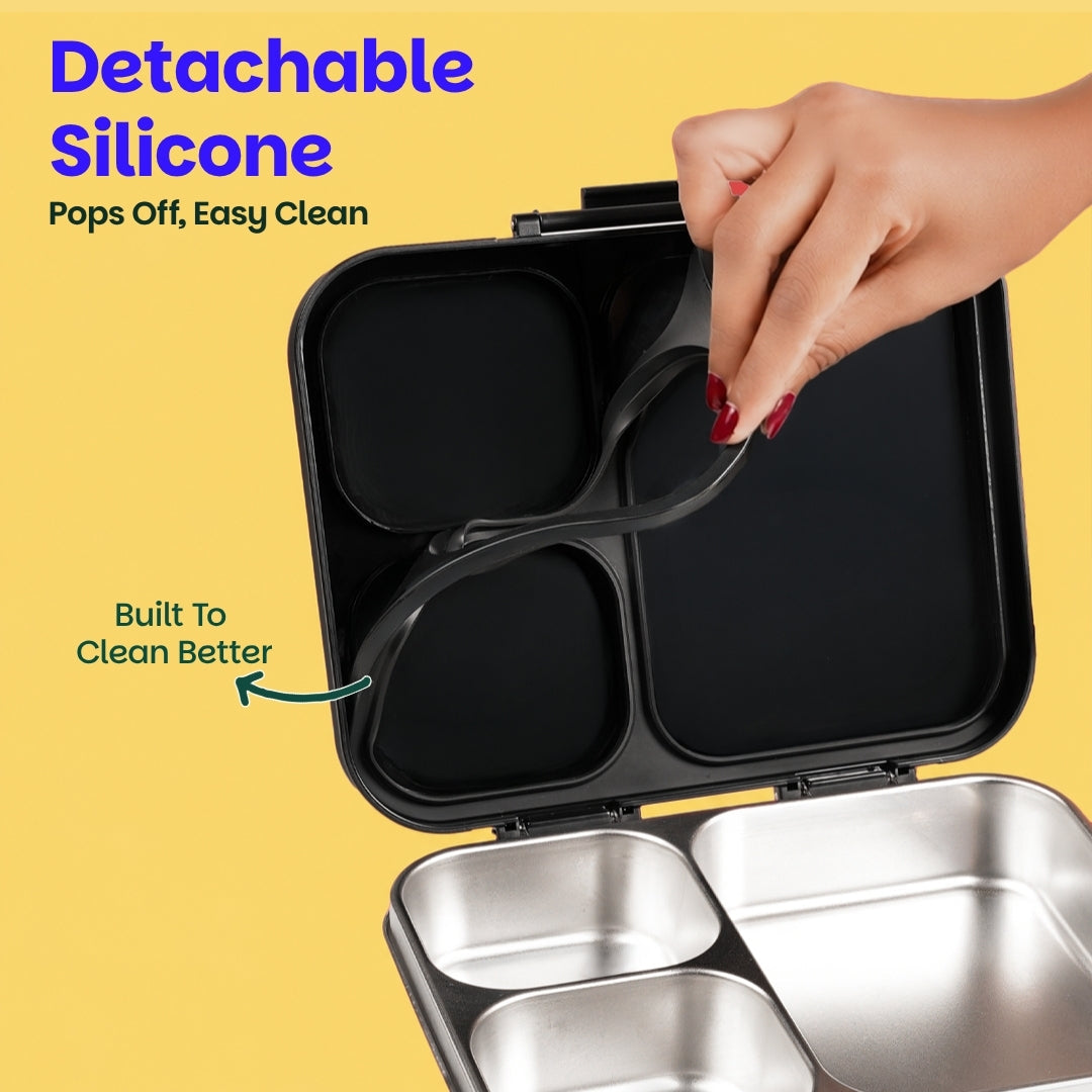 3 Compartment Stainless Steel Lunchbox with Plastic Lid - Classic Black