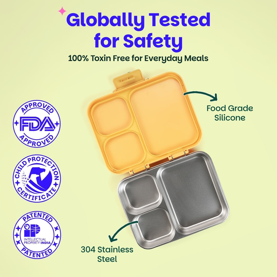 3 Compartment Stainless Steel Lunchbox with Plastic Lid - Kitty Party