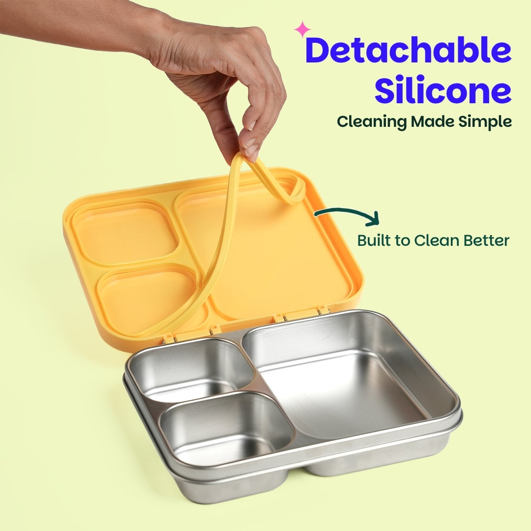 3 Compartment Stainless Steel Lunchbox with Plastic Lid - Kitty Party