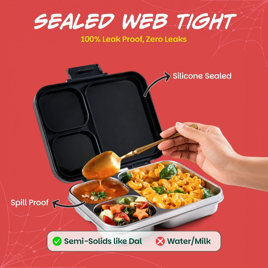 3 Compartment Stainless Steel Lunchbox with Plastic Lid - Sling Strike