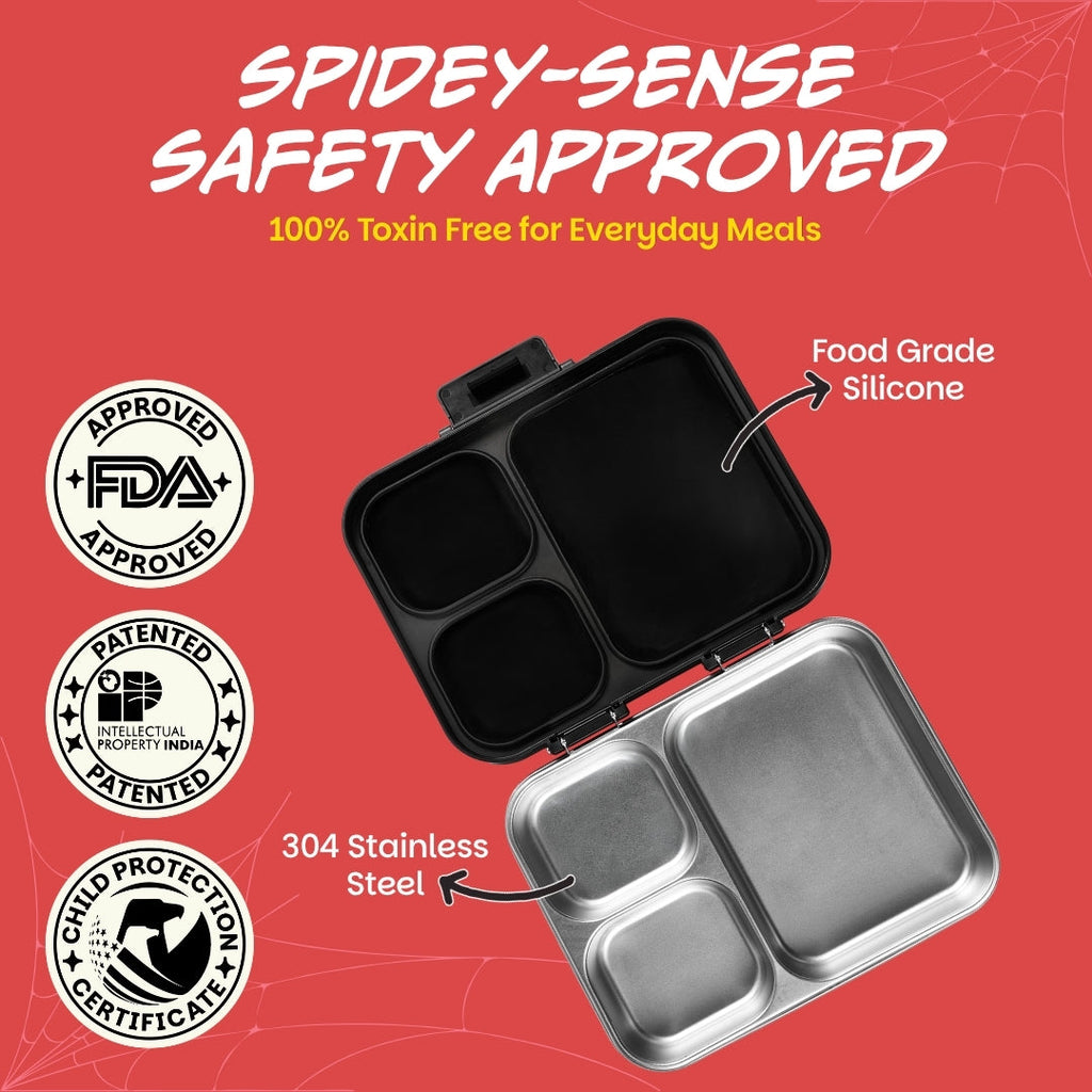 3 Compartment Stainless Steel Lunchbox with Plastic Lid - Sling Strike