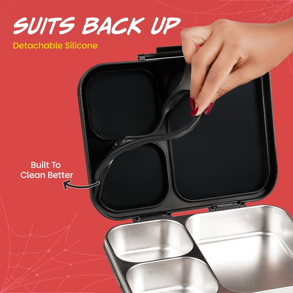 3 Compartment Stainless Steel Lunchbox with Plastic Lid - Sling Strike